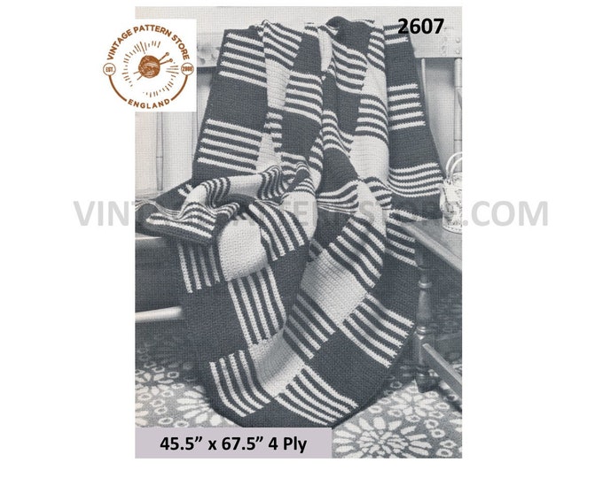 60s vintage retro 4 ply plaid check & stripe afghan throw pdf crochet pattern 45.5" by 67.5" Instant PDF download 2607