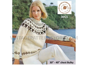 Ladies Womens 80s vintage bulky knit crew neck fair isle yoke yoked raglan sweater jumper pdf knitting pattern 30" to 40" PDF Download 3053