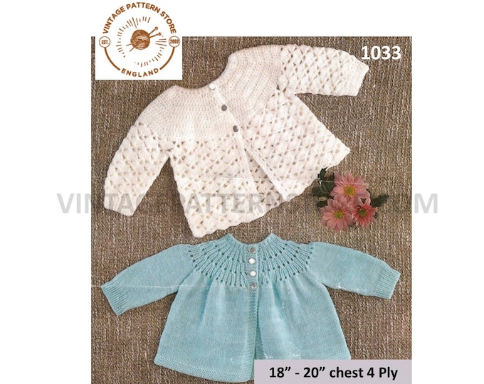 Baby Babies 70s vintage 4 ply round neck lacy yoke or lace skirt matinee coat jacket pdf knitting crochet pattern 18" to 20" Download 1033