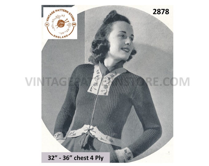 Ladies Womens 30s vintage ribbed and optionally embroidered 4 ply raglan jacket pdf knitting pattern 32" to 36" chest Instant download 2878