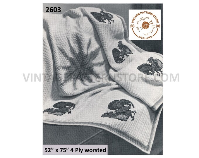 60s vintage 4 ply chicken rooster afghan throw pdf knitting pattern 52" by 75" Instant PDF download 2603