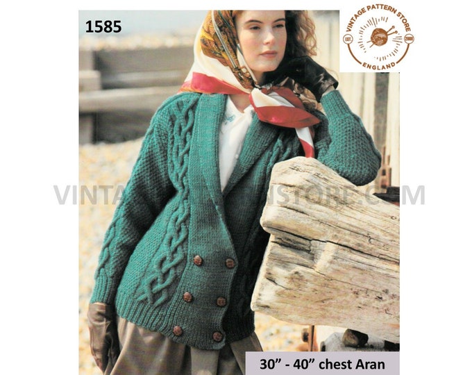 Womens 90s V neck shawl collar double breasted cable panel drop shoulder dolman aran jacket pdf knitting pattern 30" to 40" Download 1585