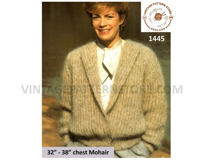 Womens 80s vintage chunky or mohair easy to knit shawl collar drop shoulder dolman cardigan pdf knitting pattern 32" to 38" Download 1445