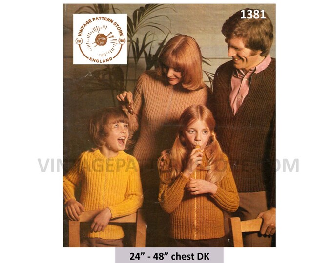 Ladies Womens Mens Boys Girls 70s vintage DK round neck ribbed zipped raglan jacket cardigan pdf knitting pattern 24" to 48" Download 1381