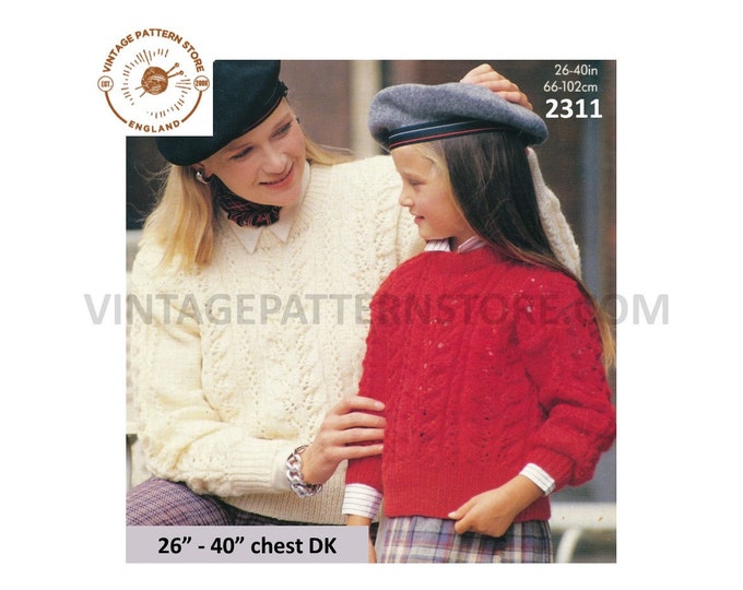 Ladies Womens Girls 90s DK round neck drop shoulder cable and lace lacy raglan sweater jumper pdf knitting pattern 26" to 40" Download 2311