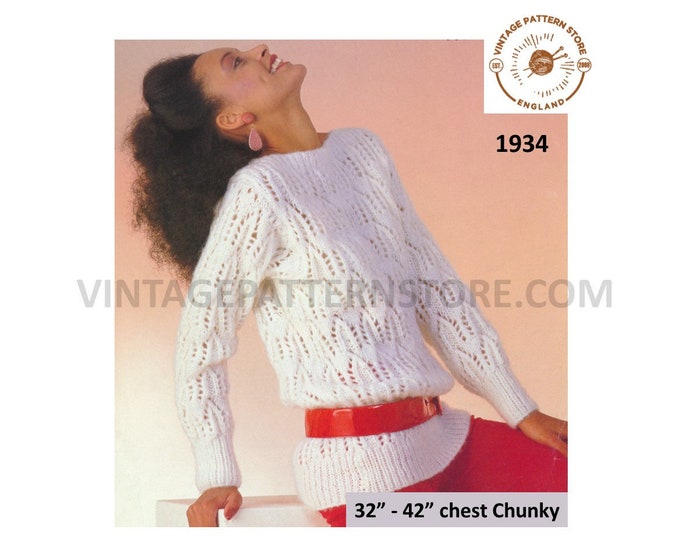 Ladies Womens 90s chunky knit slash neck eyelet lace lacy raglan sweater jumper pdf knitting pattern 32" to 42" chest PDF download 1934