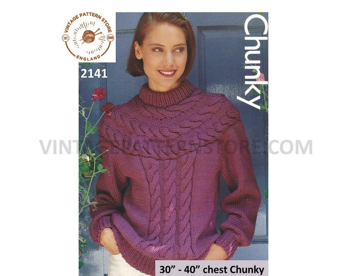 Ladies Womens 90s crew neck cable panel cabled yoke chunky knit dolman sweater jumper pdf knitting pattern 30" to 40" PDF Download 2141
