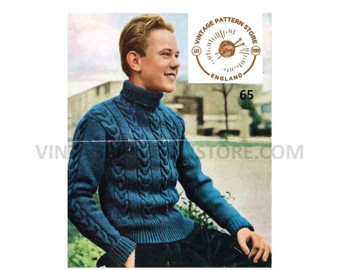 Mens Mans Boys 50s vintage DK polo neck cable cabled raglan sweater jumper pdf knitting pattern 34" to 40" chest Instant PDF download 65