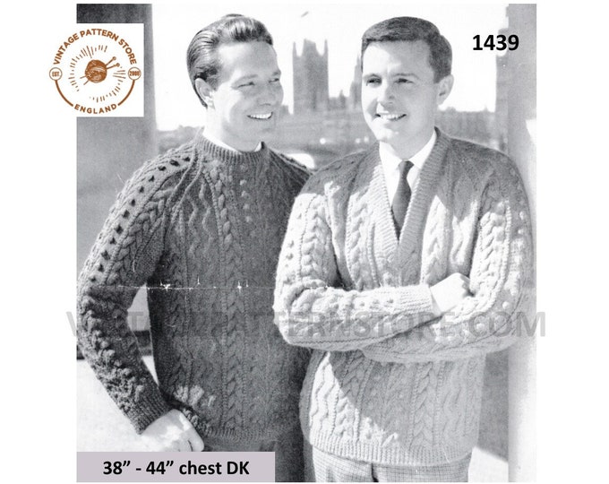 Mens Mans 50s vintage DK crew or V neck cable cabled raglan sweater jumper pullover pdf knitting pattern 38" to 44" chest PDF Download 1439