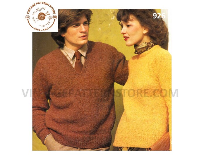 Ladies Womens Mens 70s round or V neck plain & simple easy to knit raglan aran sweater jumper pdf knitting pattern 32" to 44" download 926