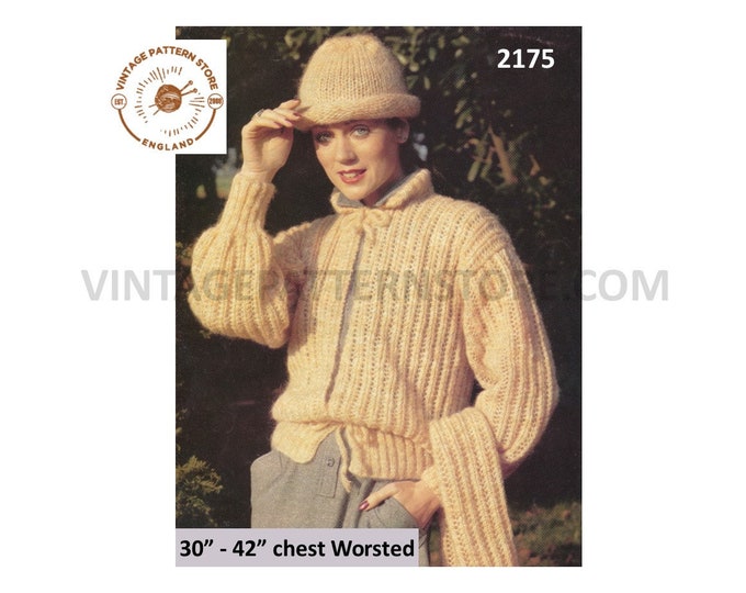 Ladies Womens 70s worsted collared rib ribbed drop shoulder peplum cardigan jacket hat & scarf pdf knitting pattern 30" to 42" Download 2175