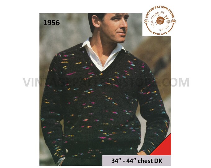 Mens Mans 90s DK simple and easy to knit V neck raglan sweater jumper pdf knitting pattern 34" to 44" chest Instant PDF download 1956