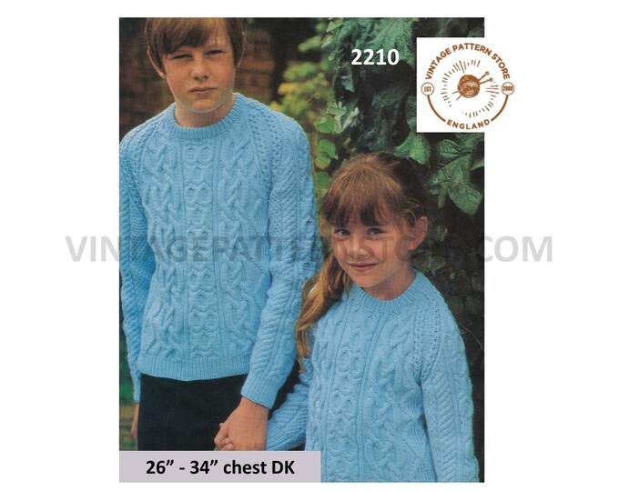 Girls Boys 70s vintage round neck cable cabled raglan DK sweater jumper pdf knitting pattern 26" to 34" chest Instant PDF download 2210