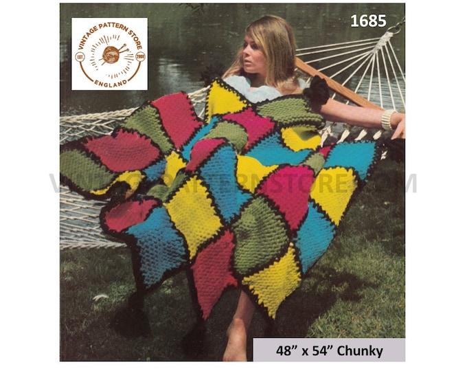70s vintage easy to knit multi coloured check patterned chunky knit afghan throw pdf knitting pattern 48" by 54" Instant PDF download 1685