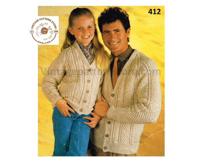 Ladies Womens Mens Girls Boys 90s family V neck cable cabled raglan aran cardigan jacket pdf knitting pattern 28" to 40" chest Download 412