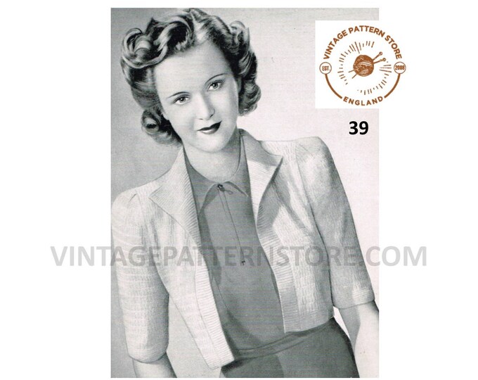 Ladies Womens 30s vintage 3 ply collared boxy box shoulder raglan bolero evening jacket pdf knitting pattern 30" to 36" chest download 39