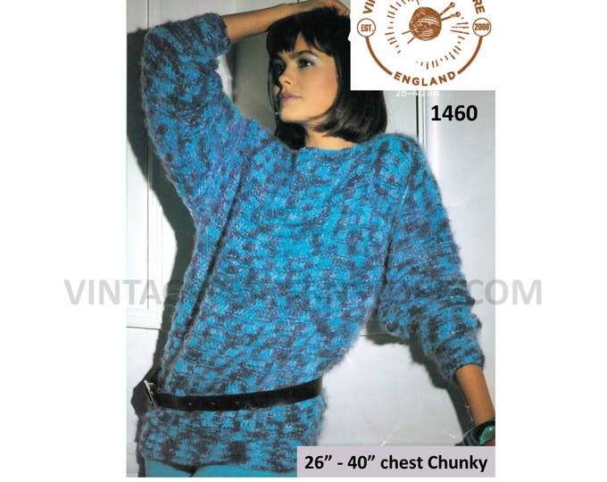 Ladies Womens Girls 90s chunky easy to knit slash neck drop shoulder dolman sweater jumper pdf knitting pattern 26" to 40" PDF Download 1460
