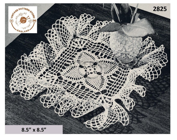 Pineapple lace doily crochet pattern, Square doily patterns, 40s crochet ruffle edge doily pattern - 8.5" x 8.5" - PDF download 2825