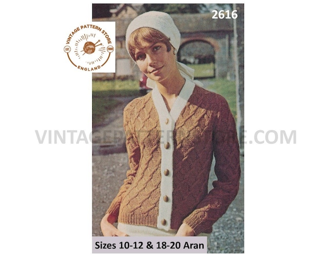 Ladies Womens 70s vintage V neck lattice cable cabled raglan aran cardigan pdf knitting pattern size 10 to 12 and 18 to 20 PDF download 2616