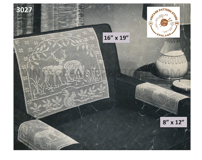 50s vintage lacy lace forest scene settee and chair back arm rest covers protectors pdf crochet pattern Instant PDF download 3027