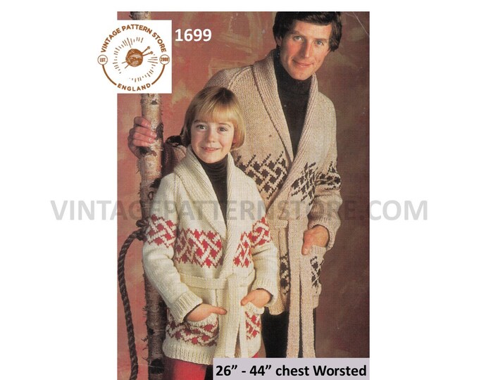 Mens Boys 70s vintage shawl collar V neck fair isle banded belted worsted raglan jacket pdf knitting pattern 26" to 44" Download 1699