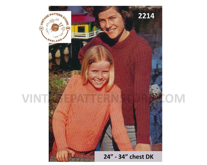 Girls Boys 70s vintage round neck cabled cable & rib ribbed raglan DK sweater jumper pdf knitting pattern 24" to 34" chest PDF download 2214