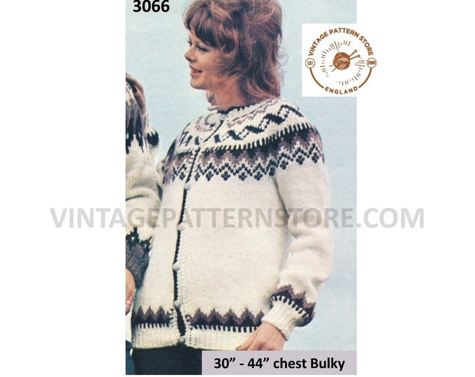 Ladies Womens 80s vintage bulky knit crew neck fair isle yoke yoked raglan cardigan jacket pdf knitting pattern 30" to 44" Download 3066