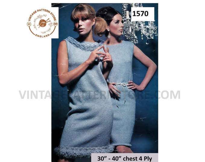 Ladies Womens 60s vintage 4 ply round neck sleeveless long line dress pdf knitting pattern with optional collar 30" to 40" PDF Download 1570
