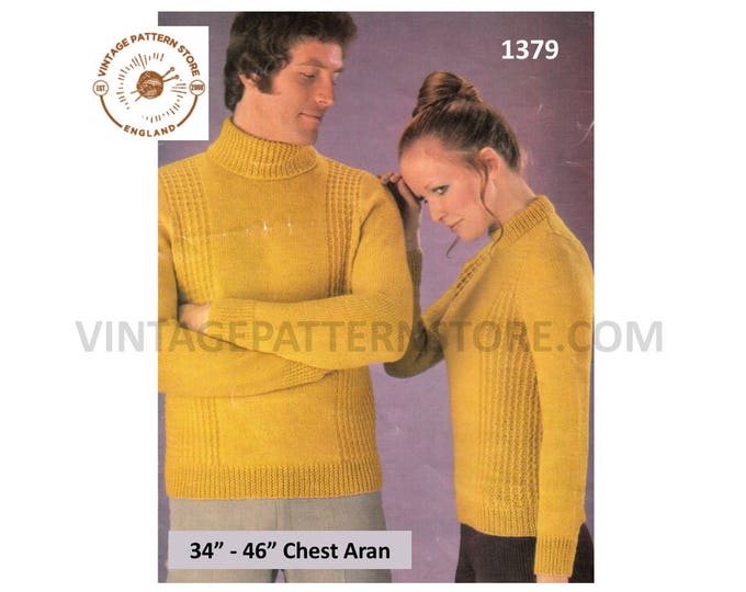 Ladies Womens Mens 70s vintage DK crew or polo neck cabled cable panel raglan sweater jumper pdf knitting pattern 34" to 46" Download 1379