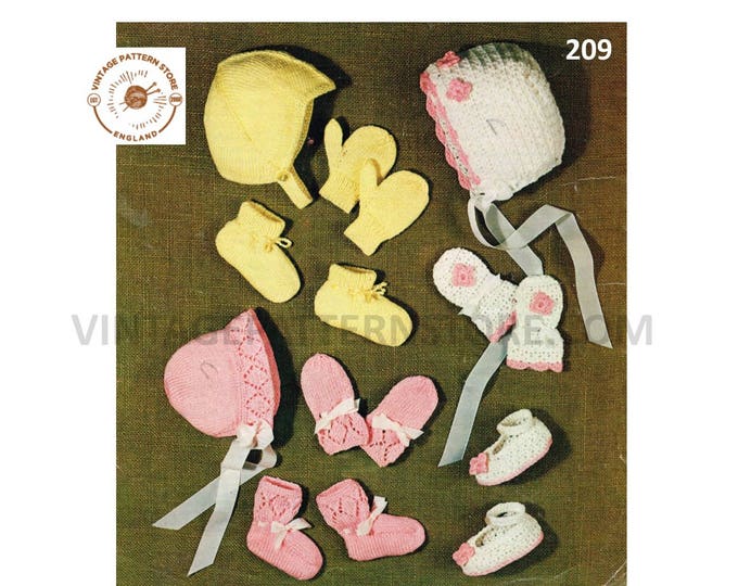 Baby Babies 80s vintage easy to knit and lacy DK bonnet booties bootees and mitens pdf crochet & knitting pattern 6 to 12 mths Download 209