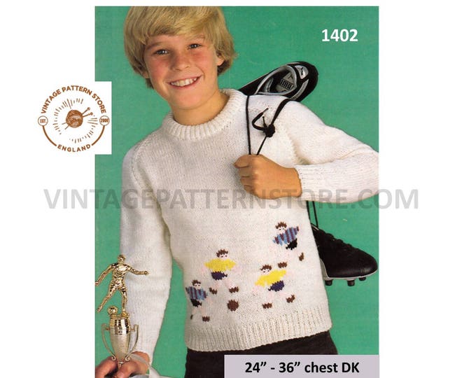 Childs Boys 70s vintage round neck football motif intarsia DK sweater jumper pullover pdf knitting pattern 24" to 36" chest Download 1402