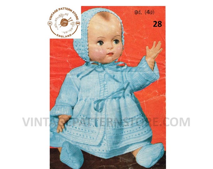 80s vintage 18" 20" Baby dolls clothes dress matinee coat bonnet pilch and shoes pdf knitting pattern Instant PDF download 28