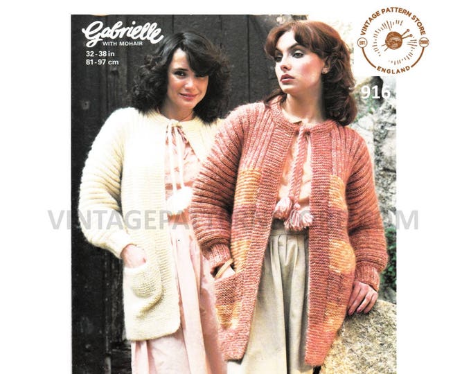 Ladies Womens 70s vintage chunky knit long line belted raglan cardigan jacket coat pdf knitting pattern 32" to 38" chest PDF download 916