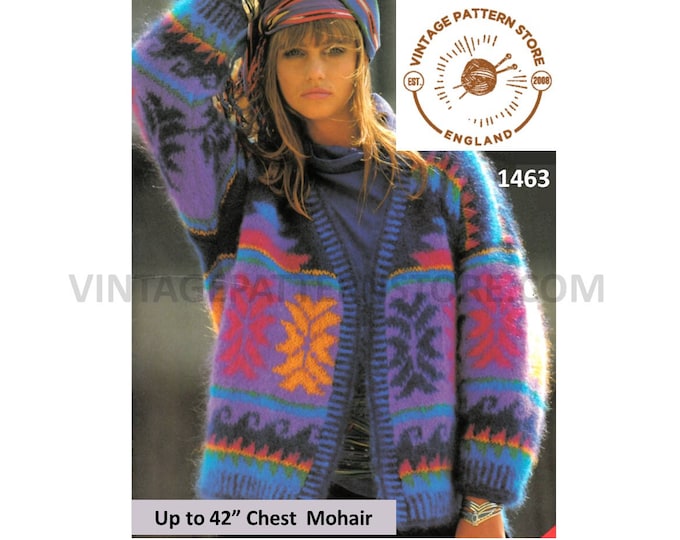 Ladies Womens 90s V neck open fronted drop shoulder bold Intarsia mohair or DK dolman jacket pdf knitting pattern up to 42" Download 1463