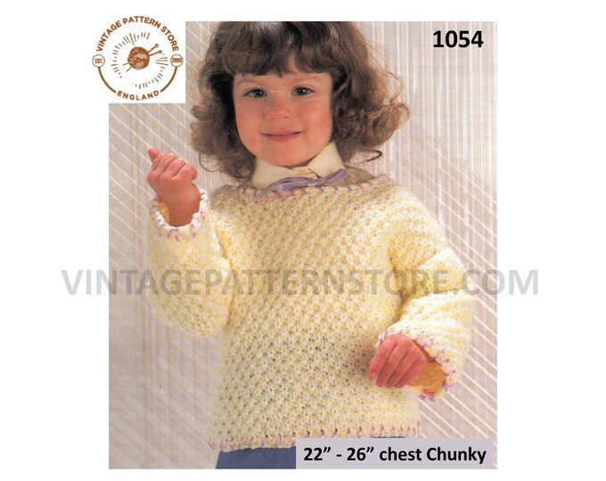 Toddlers Girls chunky easy to knit round neck drop shoulder raglan sweater jumper pdf knitting pattern 22" to 26" chest PDF download 1054