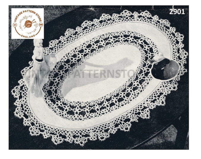 50s vintage tatted lace inset and lacy edge edging oval linen doily doilies table mat pdf tatting pattern 19" by 13" Instant Download 2901