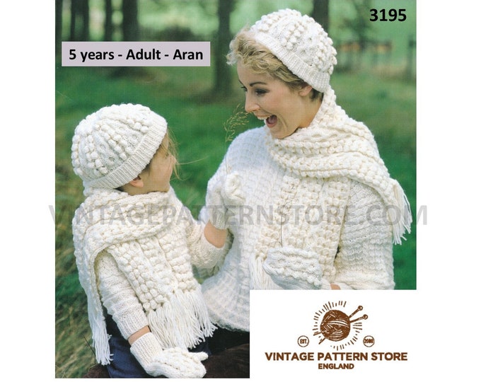 Ladies Womens Girls 90s cable cabled aran toque hat cap fringed scarf & mittens pdf knitting pattern 5 years to Adult Instant Download 3195