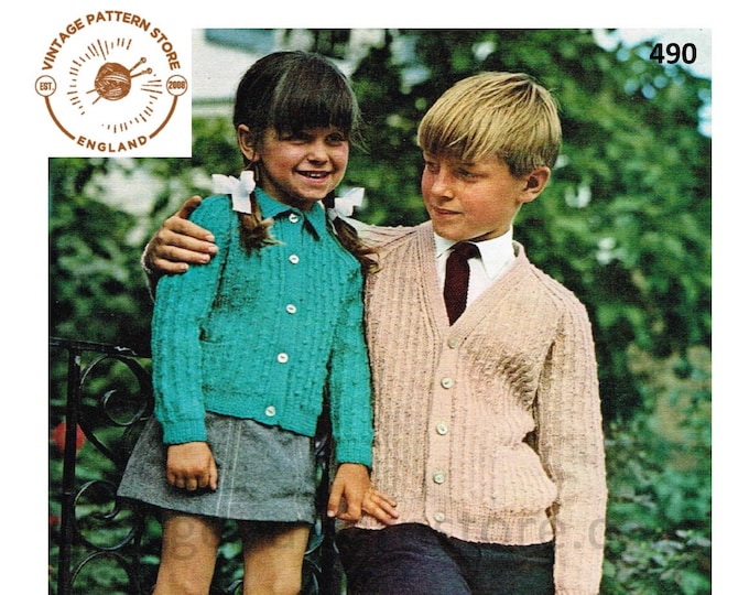 Girls Boys 80s vintage V or round neck with collar cabled cable rib DK raglan cardigan pdf knitting pattern 22" to 32" chest Download 490
