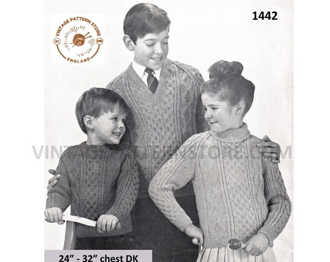 Boys Girls 50s vintage DK polo crew or V neck cable cabled raglan sweater jumper pdf knitting pattern 24" to 32" Instant PDF Dowload 1442