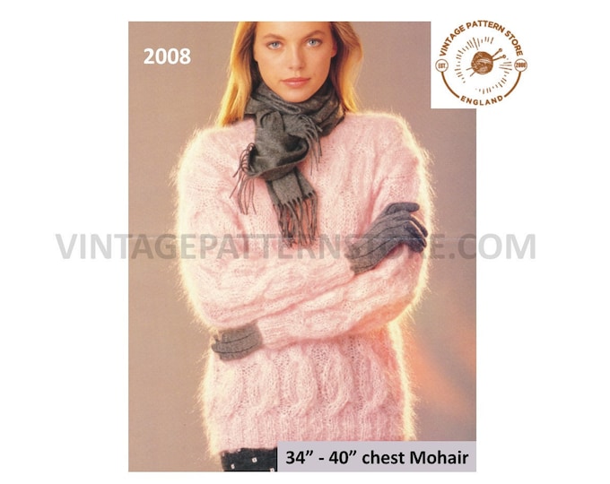 Ladies Womens 90s drop shoulder cable cabled long line mohair dolman sweater jumper pdf knitting pattern 34" to 40" Chest PDF download 2008