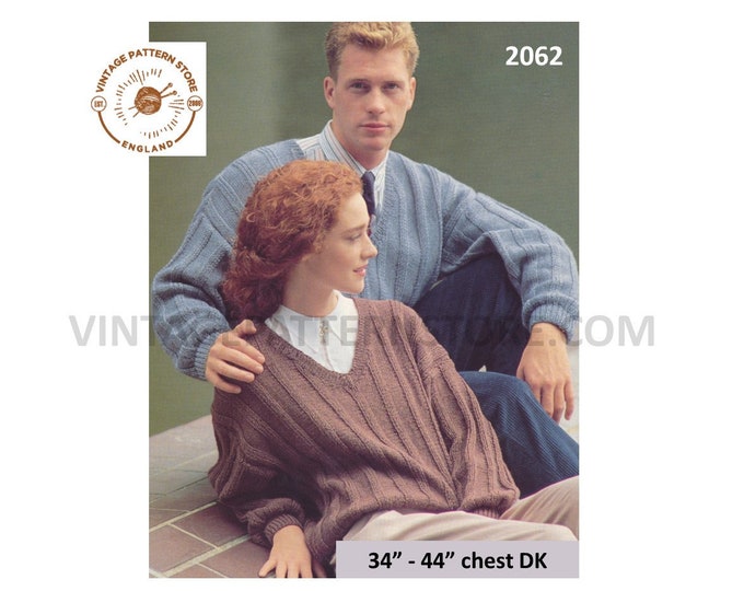 Ladies Womens Mens 90s V neck wide rib ribbed drop shoulder slouchy DK dolman sweater jumper pdf knitting pattern 34" to 44" Download 2062