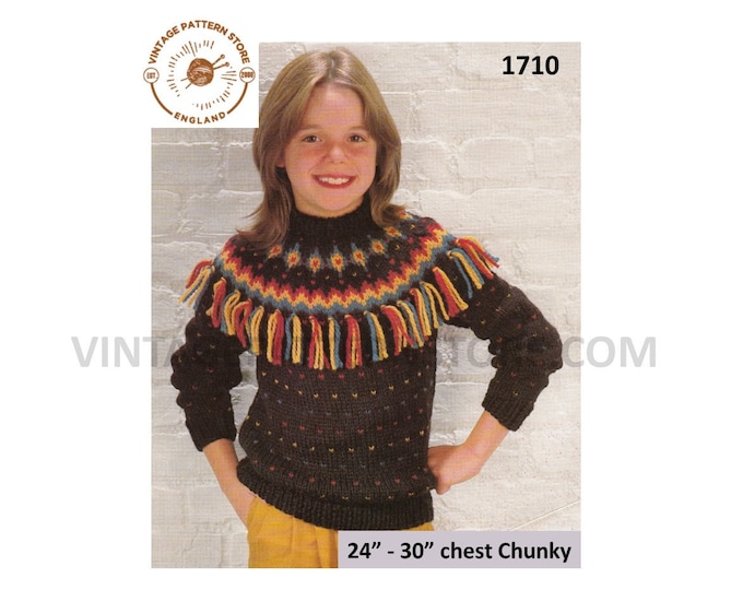 Girls 80s vintage crew neck fringed fair isle yoke yoked chunky knit raglan sweater jumper pdf knitting pattern 24" to 30" PDF Download 1710