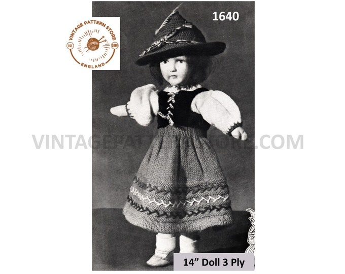 40s vintage 14" dolls clothes 3 ply German Bavarian peasant girl costume knitting pattern Instant PDF Download 1640
