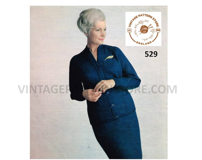 Ladies Womens 70s vintage easy to knit DK suit V neck raglan cardigan and skirt pdf knitting pattern 38" to 44" chest Instant download 529