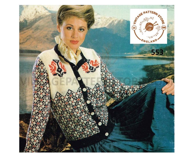 Ladies Womens 90s vintage DK round neck floral and fair isle raglan cardigan jacket pdf knitting pattern 34" to 38" chest PDF download 553