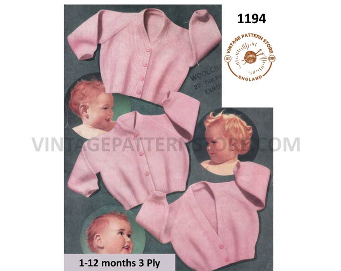 Baby Babies 60s vintage plain and simple easy to knit V neck 3 ply raglan cardigan pdf knitting pattern 20" to 21" chest PDF download 1194