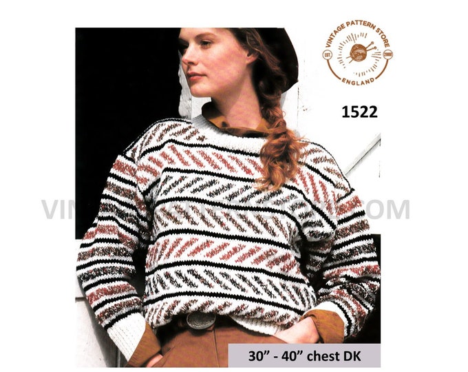 Ladies Womens 90s crew neck fair isle and striped DK dolman sweater jumper pdf knitting pattern 30" to 40" chest Instant PDF Download 1522