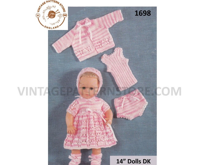 80s vintage 14" DK baby doll clothes dress cardigan vest knickers and booties bootees pdf knitting pattern Instant PDF download 1698