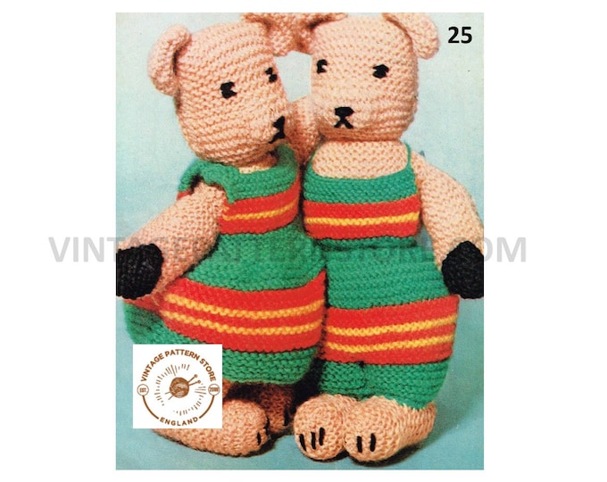 80s vintage DK cuddly Mr and Mrs Teddy bear toy pdf knitting pattern 9" high Instant PDF Download 25