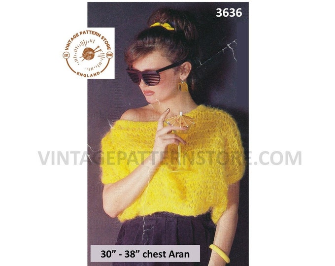 Ladies Womens 80s vintage easy to knit round neck string lace short sleeve aran sweater jumper pdf knitting pattern 30" to 38" Download 3636